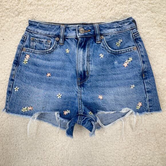 American Eagle Outfitters Pants - American Eagle Mom Shorts Women 00 Floral Embroidered Distressed Raw Hem Denim